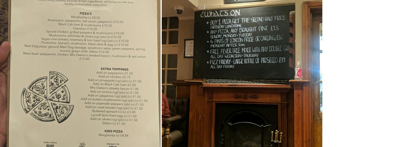 The Builders Arms, Croydon Menu