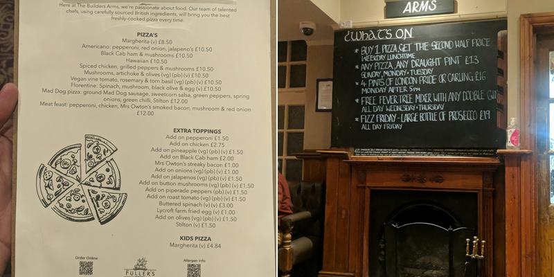 The Builders Arms, Croydon Menu