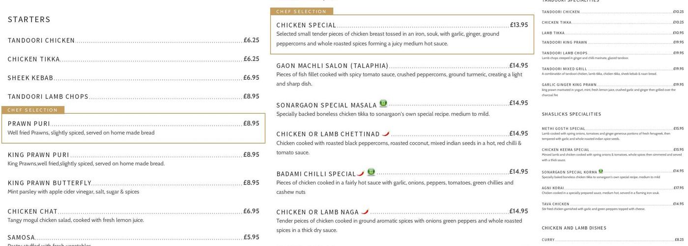 Sonargaon Tandoori Menu