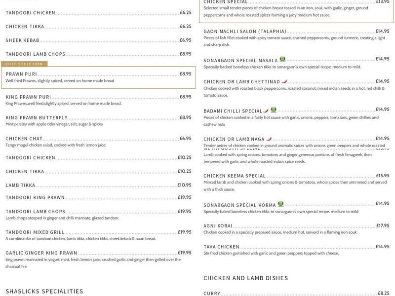 Sonargaon Tandoori Menu