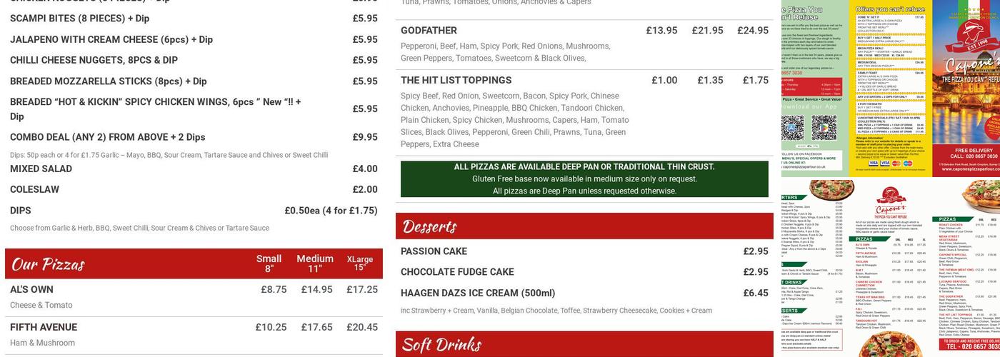 Capone's Pizza Parlour Menu