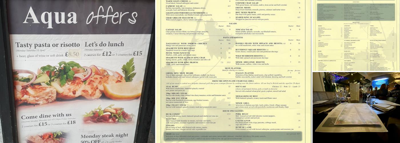 Aqua Bar & Grill - Croydon Menu