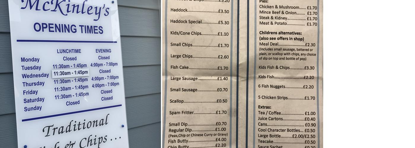 Chapel Fisheries (McKinleys) Menu