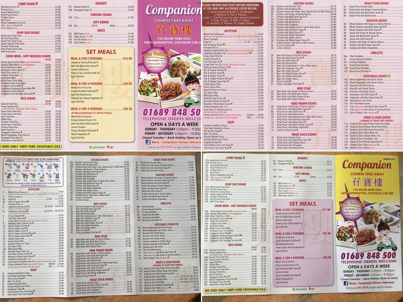 Companion Chinese Takeaway Menu
