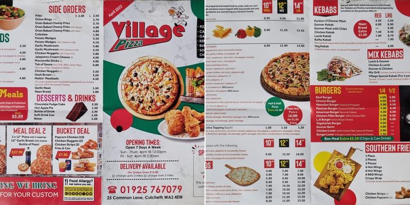 Village Pizza Culcheth Menu