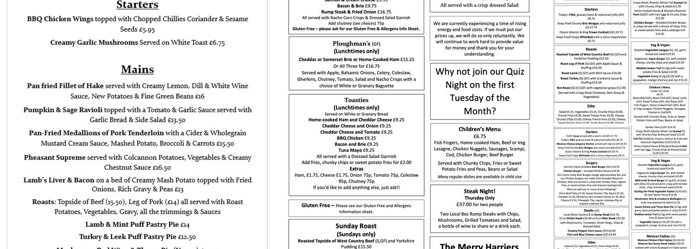 The Merry Harriers Menu