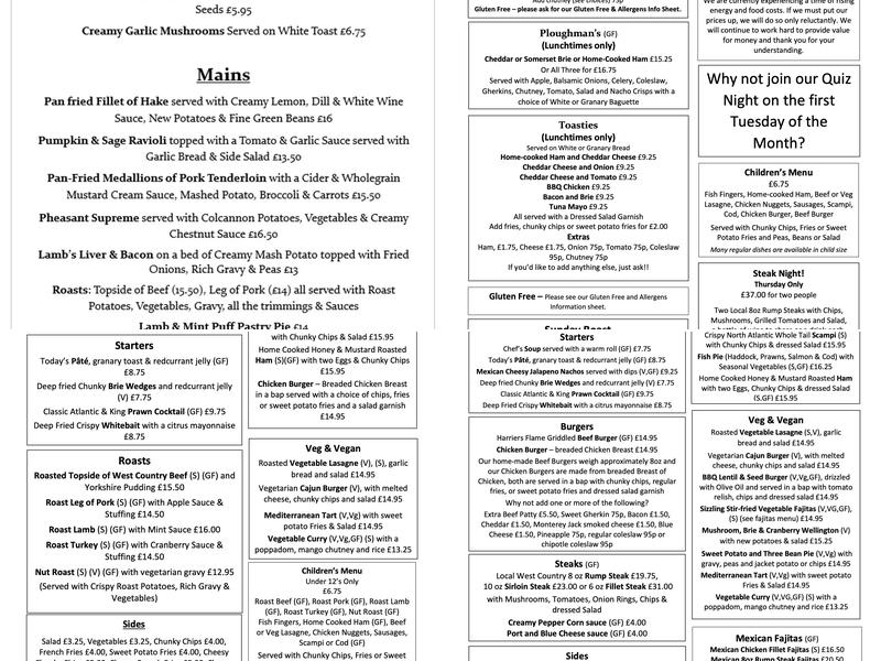 The Merry Harriers Menu