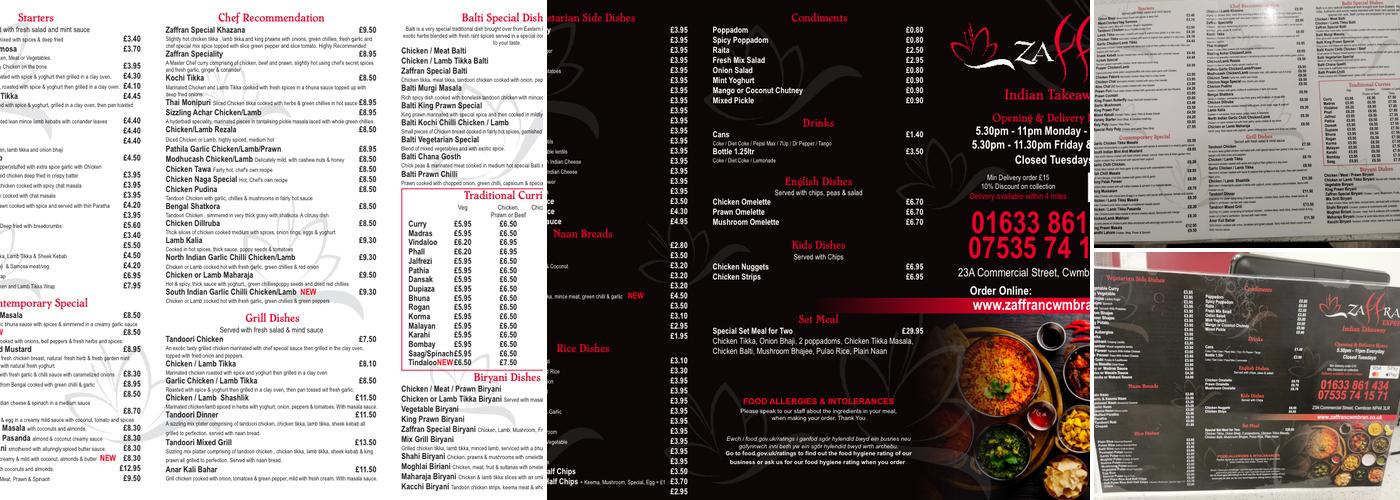 Zaffran Express Cwmbran Menu