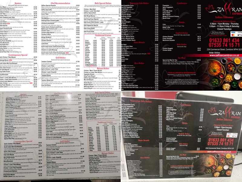 Zaffran Express Cwmbran Menu