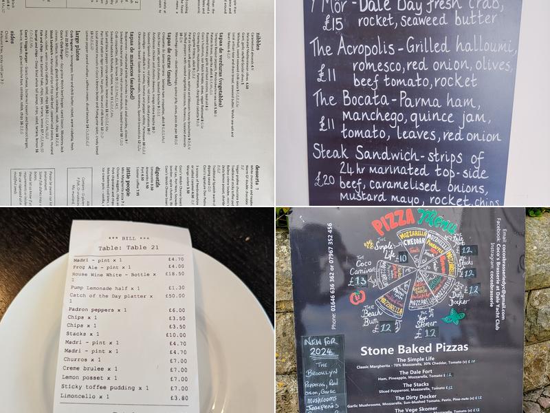 Coco’s Brasserie at Dale Yacht Club Menu