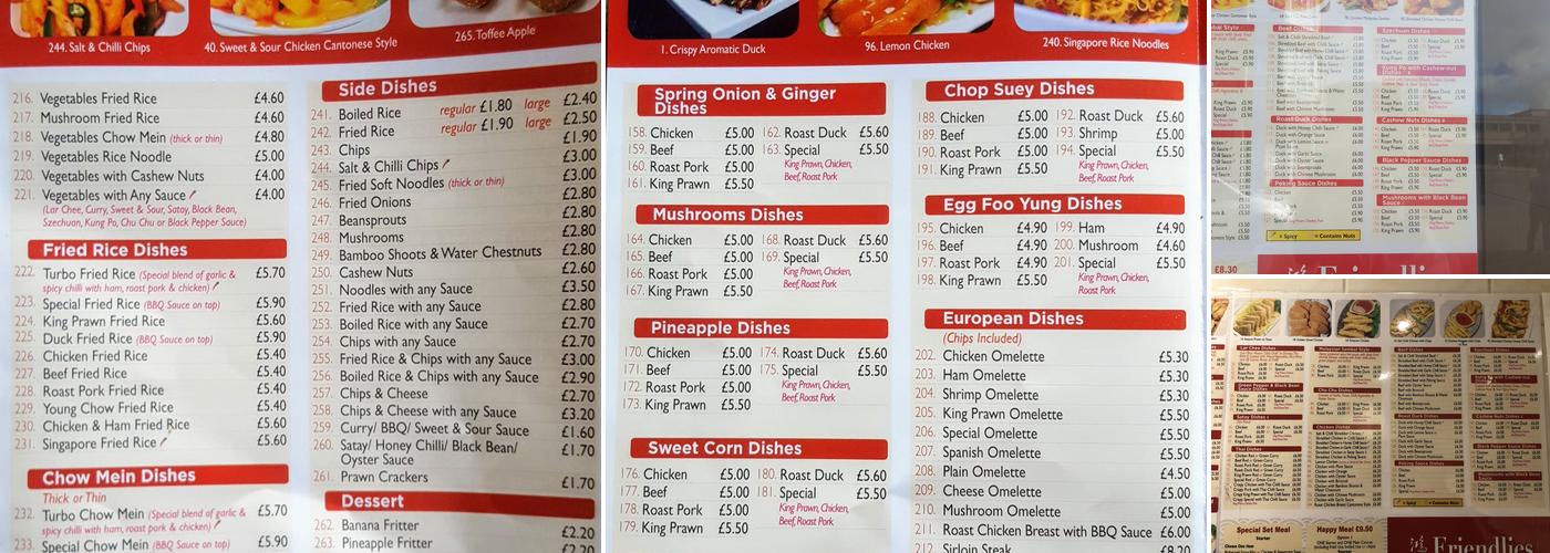 Friendlies Chinese Food Takeaway Menu