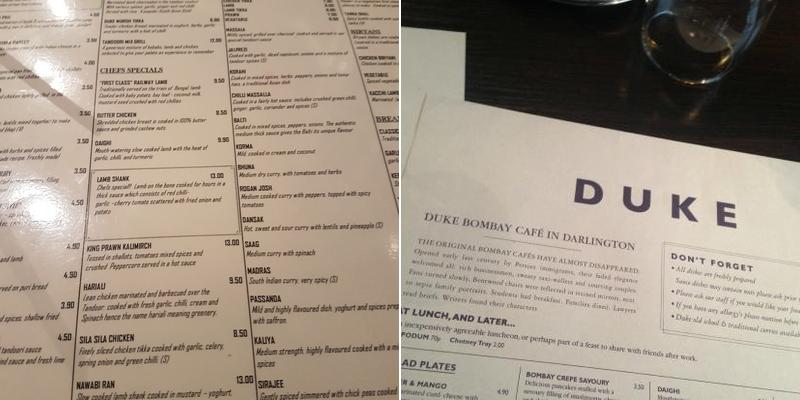 Duke Bombay Cafe Menu