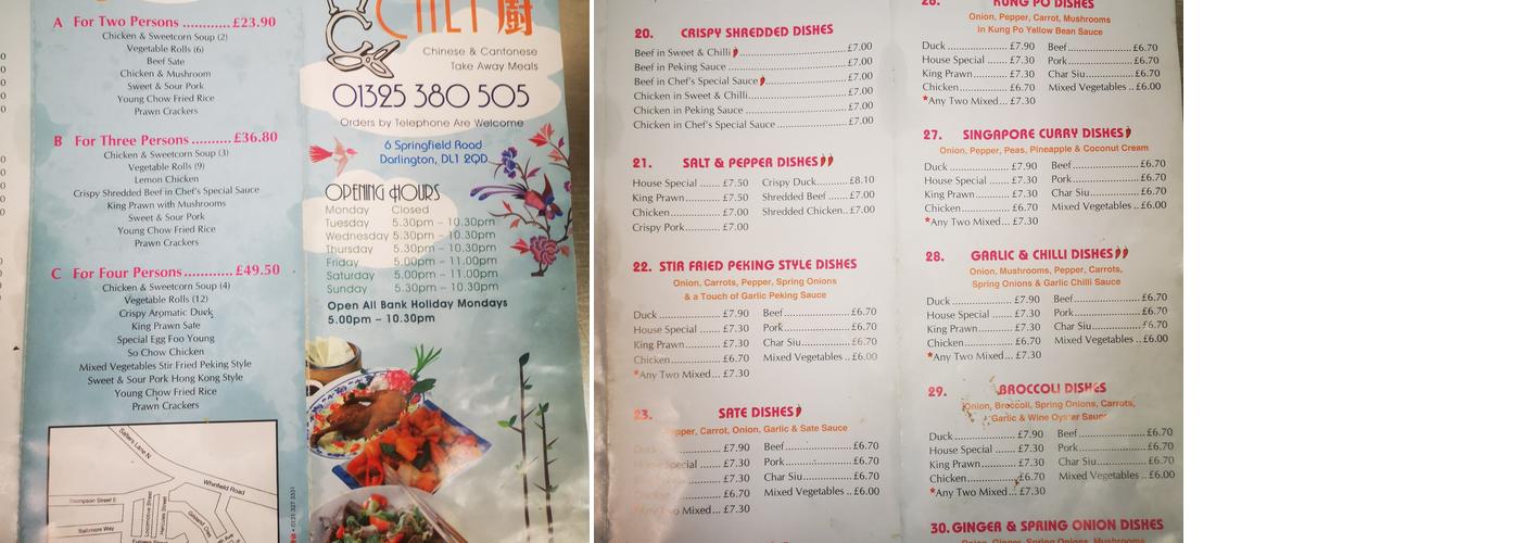 Ming Chef Menu