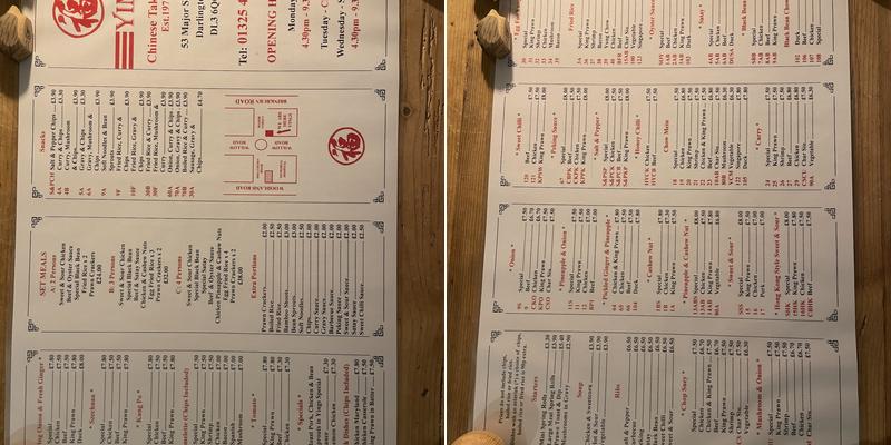 Yings Chinese Takeaway, Est. 1971 Menu