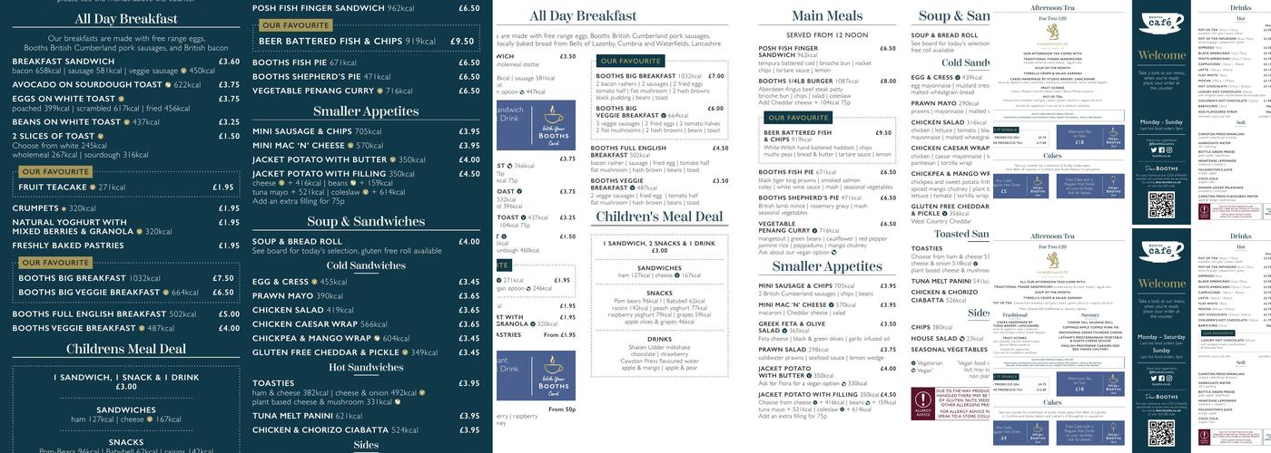 Booths, Penrith Menu