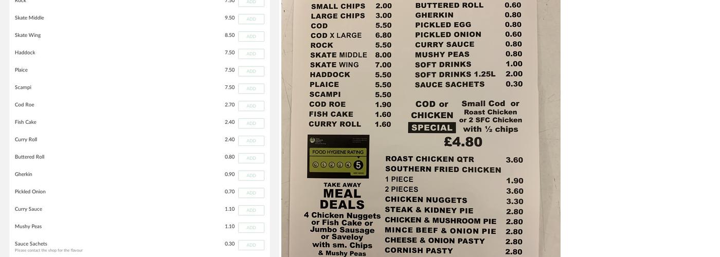 Sutton At Hone Fish Bar Menu