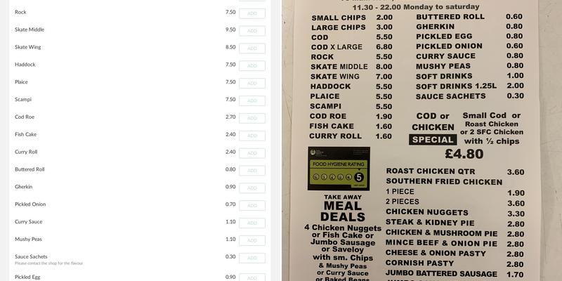 Sutton At Hone Fish Bar Menu