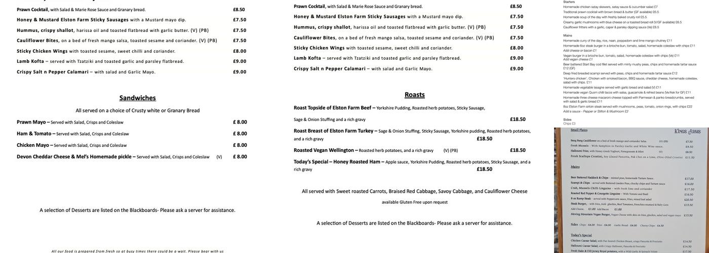 The Kings Arms Coastal Community Pub Menu