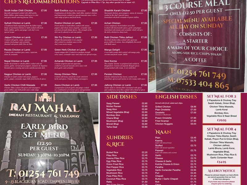Raj Mahal Indian Restaurant Menu