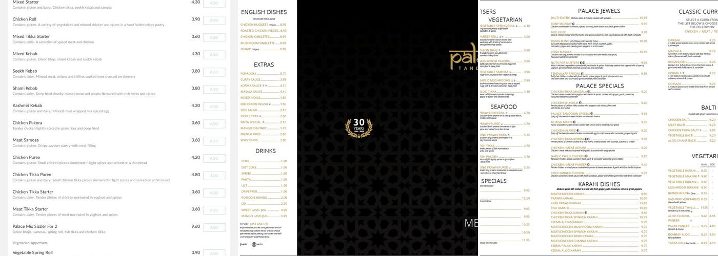 Palace Tandoori Menu