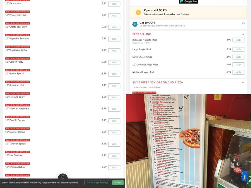 Dominics Pizza & Kebabs Menu