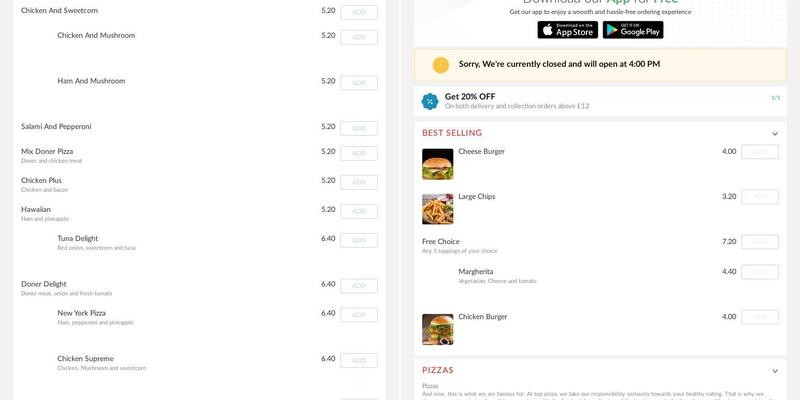 Top Pizza derby Menu