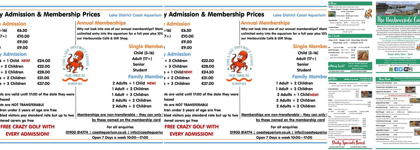Lake District Coast Aquarium, Maryport Menu