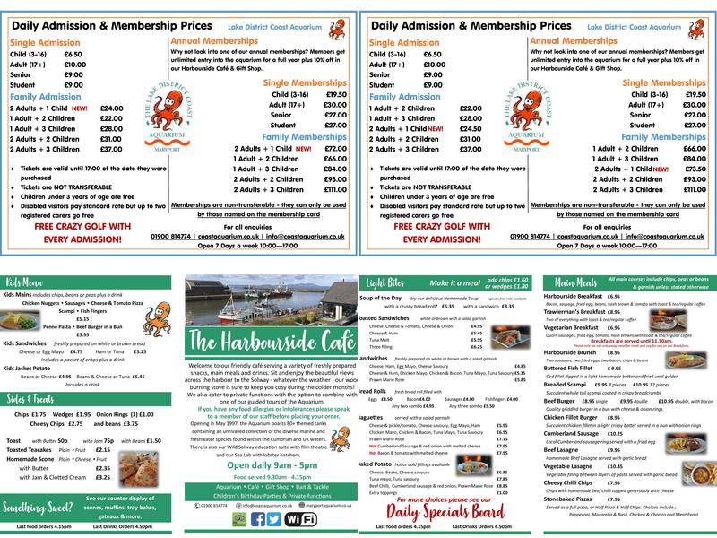 Lake District Coast Aquarium, Maryport Menu