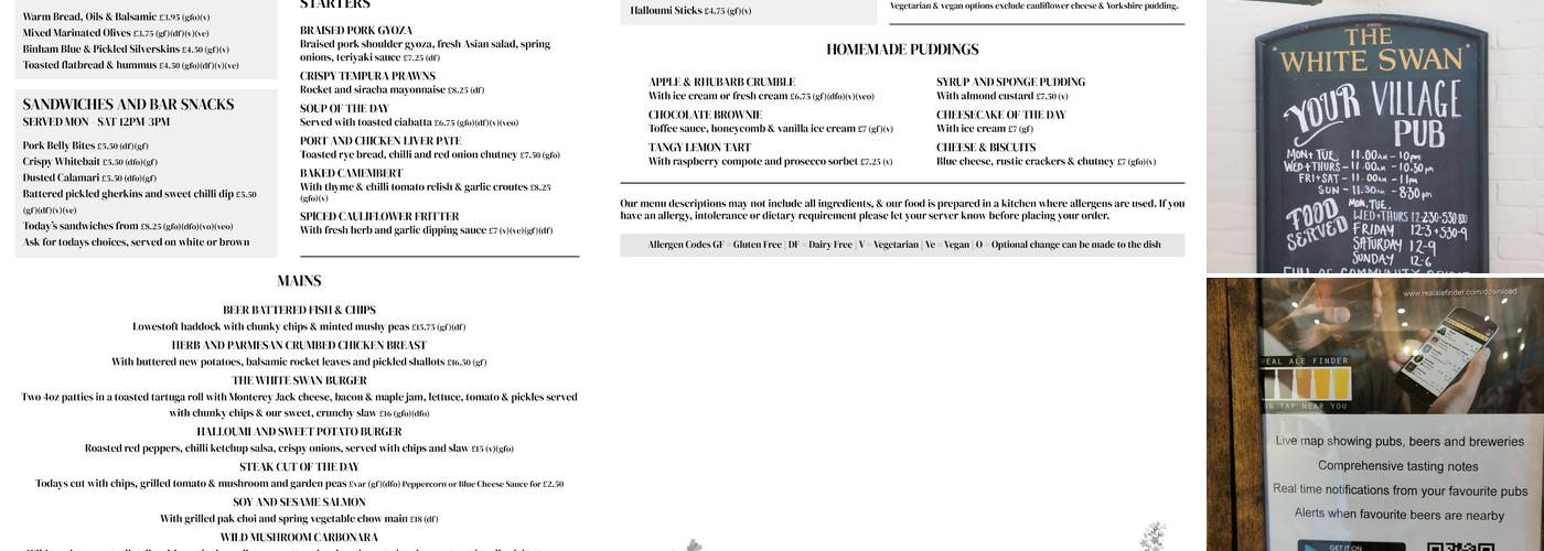 The White Swan, Gressenhall Menu