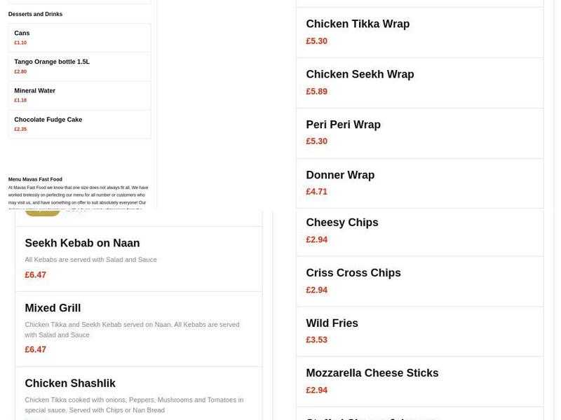 Mava’s Fast Food Menu