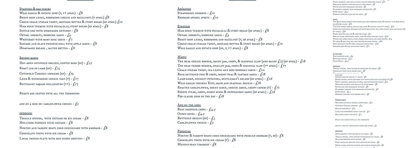 The Bear of North Moreton Menu