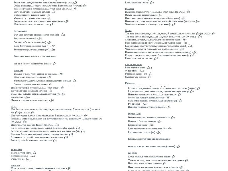 The Bear of North Moreton Menu