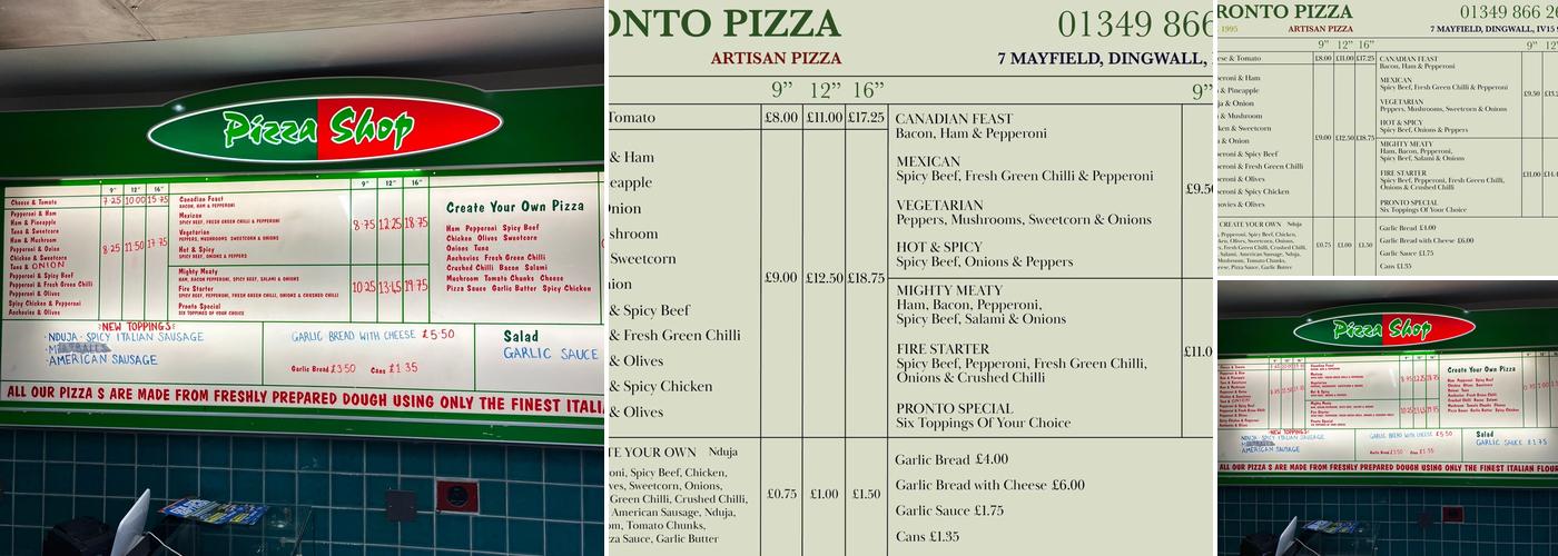Pronto Pizza Menu