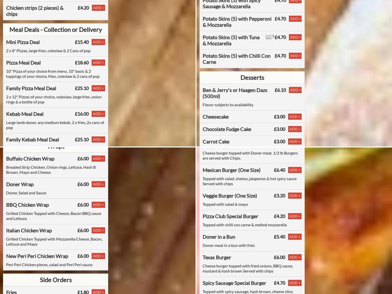 Pizza Club Dinnington Menu
