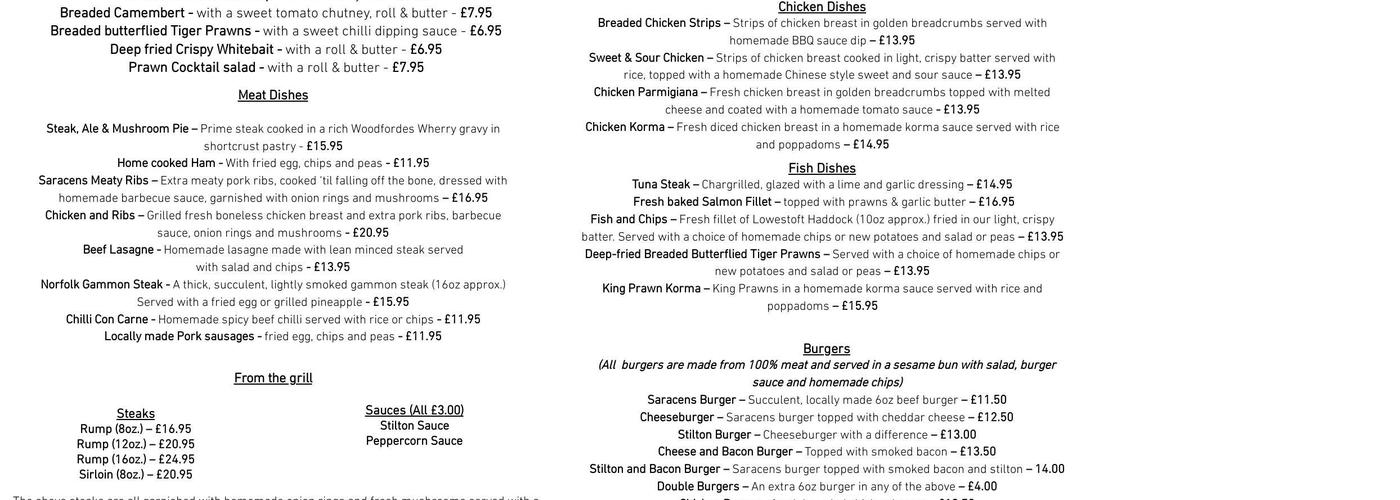 Saracens Head Menu
