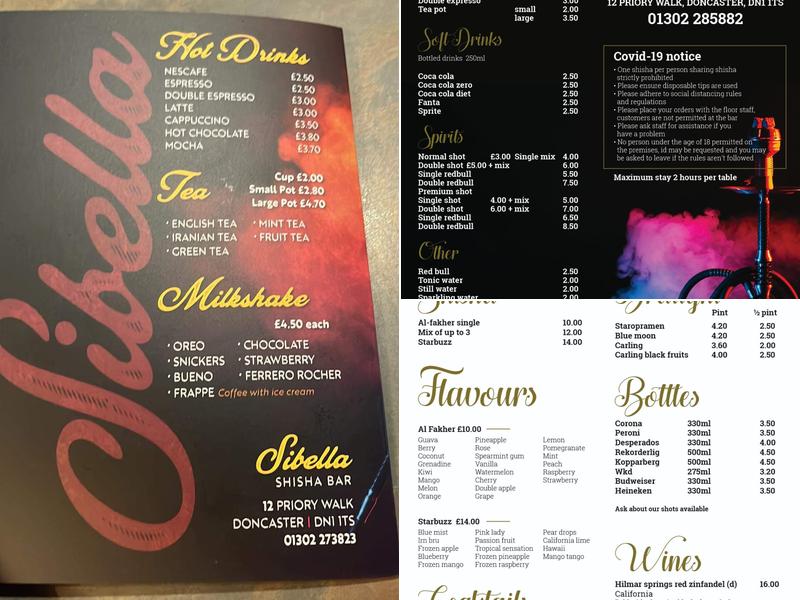 Sibella Shisha Bar Doncaster Menu