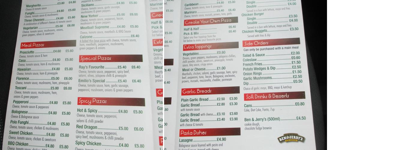 Emilios Pizzeria Menu