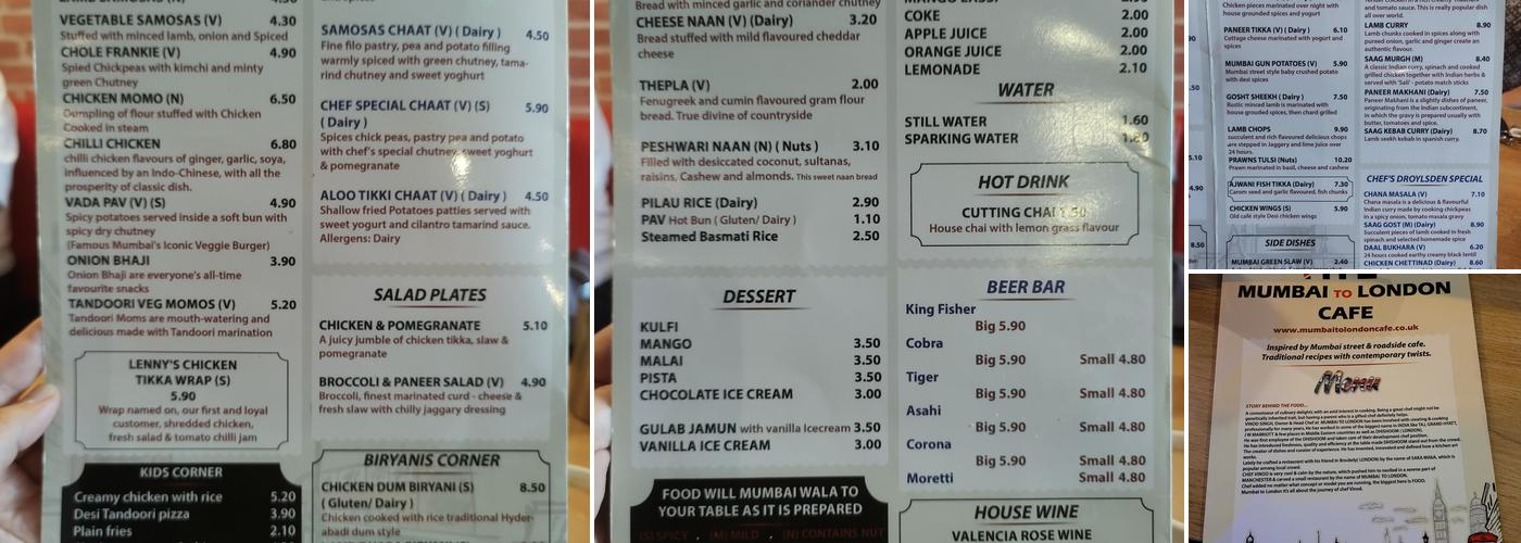 Mumbai to London Cafe Restaurant, Droylsden, Manchester Menu