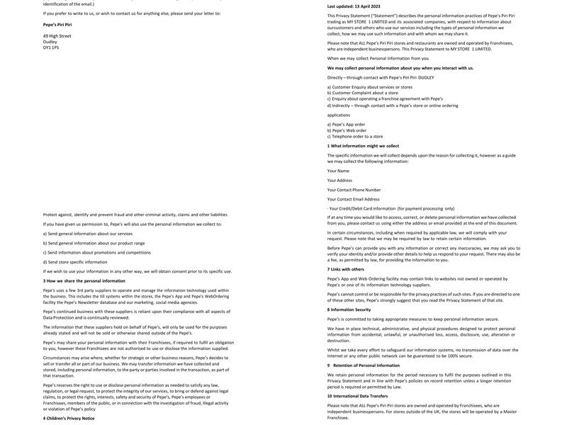 Pepe's Piri Piri Dudley Menu