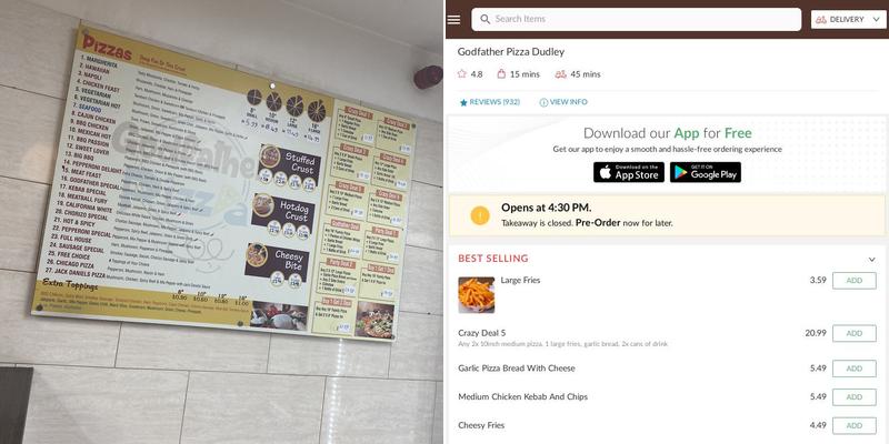 Godfather Pizza Dudley Menu