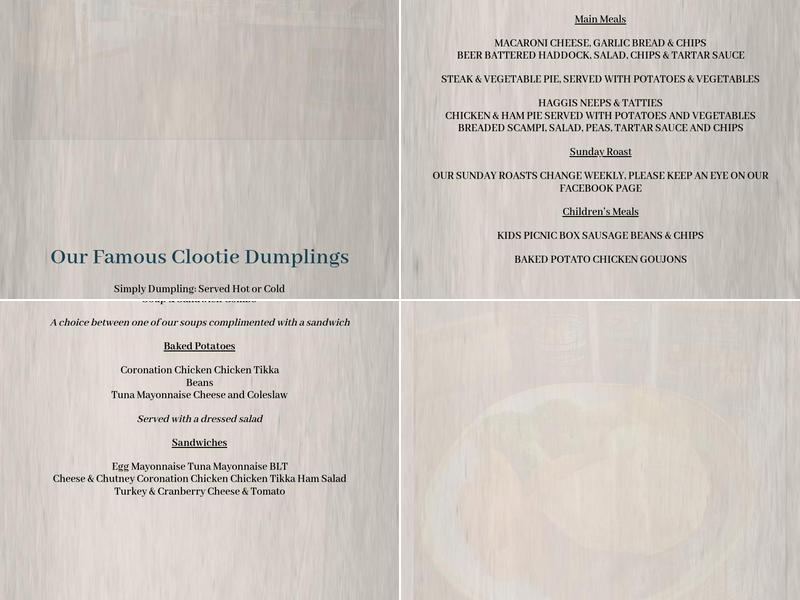 Clootie Dumpling Restaurant Ltd Within the Speyside Centre Menu