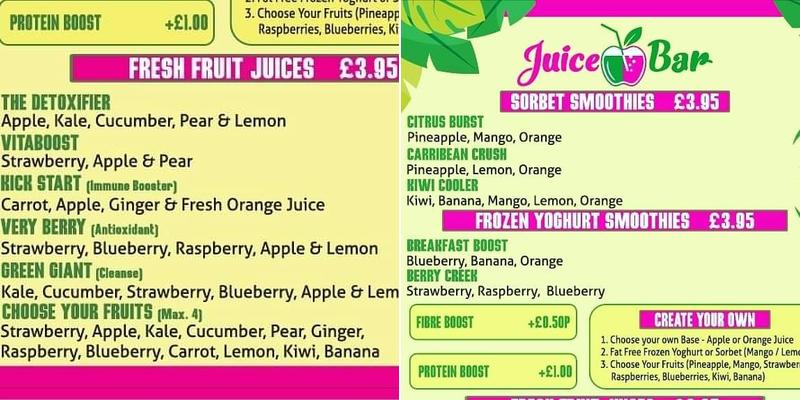 Juice Bar Menu
