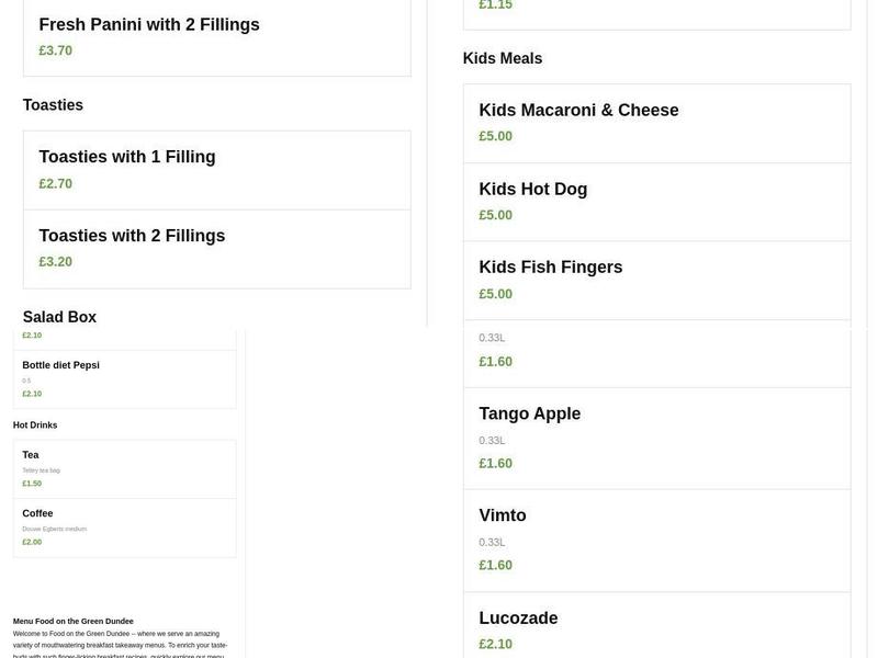 Food on the Green Menu