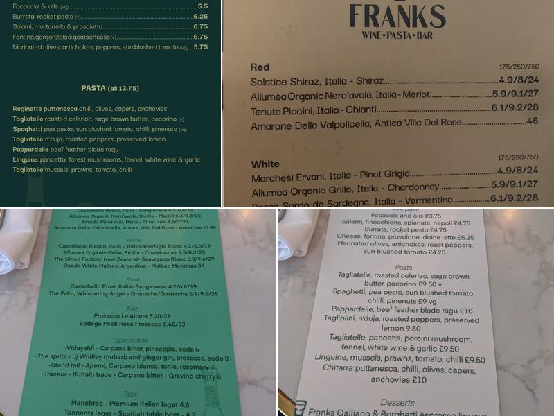 Franks - Wine and Pasta Bar Menu