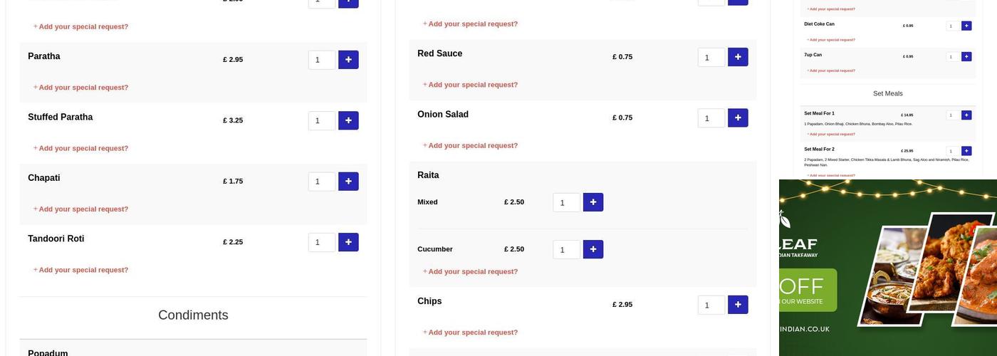 Bay Leaf Indian Takeaway Menu