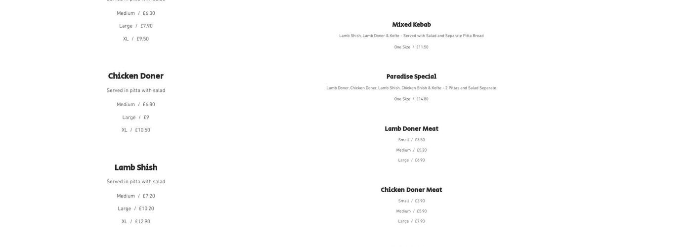 Paradise Take-Away Menu