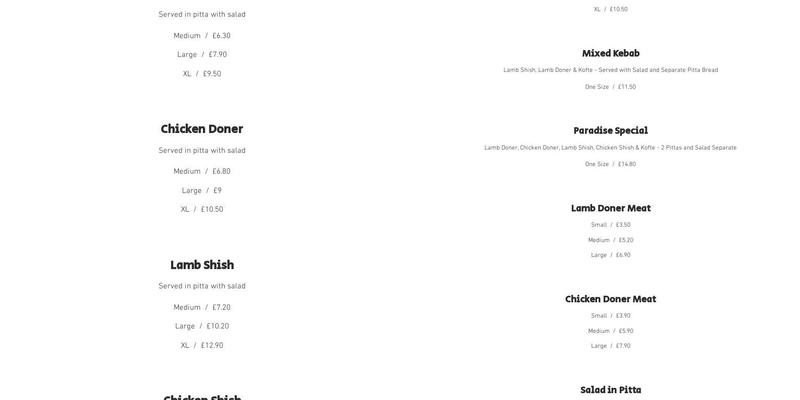 Paradise Take-Away Menu