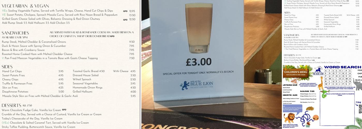 The Blue Lion Inn Cwm Menu