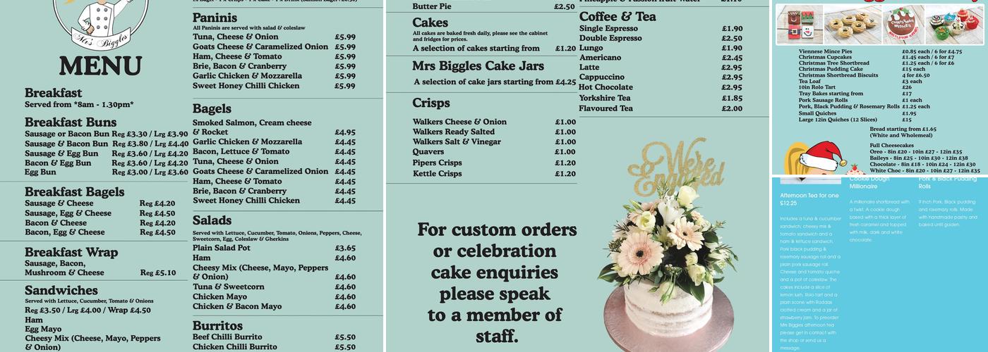 Mrs Biggles Bakery Menu