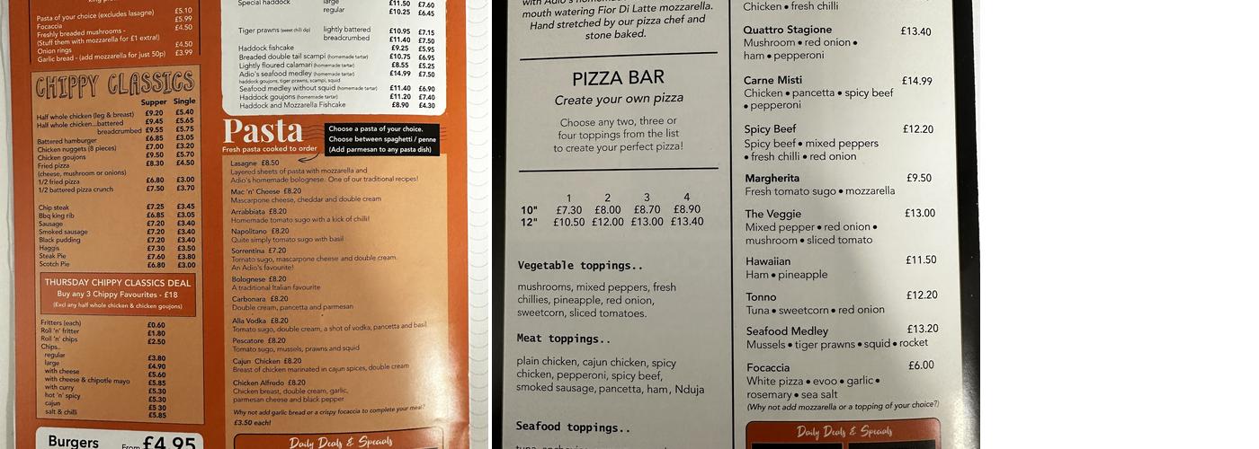 Adios Fish and Chips Menu